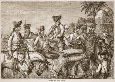 Lord Pigotin pidätys, kuvitus James Grantin Cassells Illustrated History of India -julkaisusta, pubi. 1879 tekijältä English School
