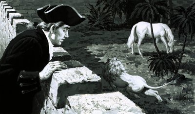 Taiteilija George Stubbs katsoi, kuinka leijona varasti Barbary-hevosta (guassi paperilla) tekijältä English School