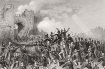 Hyökkäys Delhiin ja Cashmere Gaten vangitseminen 14. syyskuuta 1857, vuonna 1858 julkaistusta "Intian kapinan historiasta" tekijältä English School