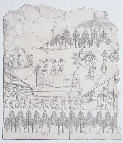 Austen Henry Layard (1817-94) julkaisi Austen Henry Layardin (1817-94) assyrialaiset siirtämässä siivellistä härkää rekillä Ninivestä ja sen jäännöksistä tekijältä English School