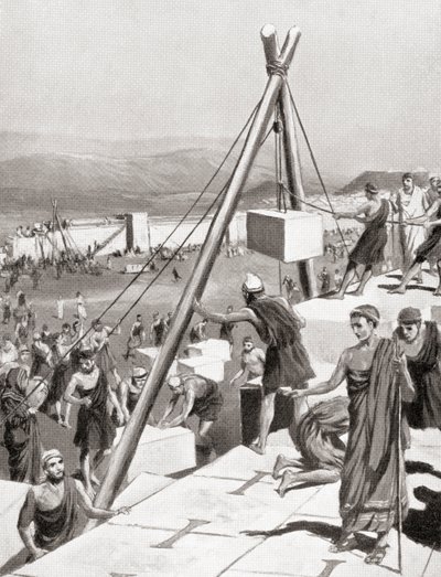 Ateenalaiset jälleenrakentamassa kaupunkiaan Themistokleen ohjauksessa persialaisten Kreikan hyökkäyksen jälkeen, noin 479 eKr., Hutchinsonin kansojen historiasta, pub.1915 tekijältä English School