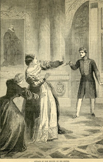 Don Miguelin hyökkäys hänen siskoaan vastaan, otettu Cassells Illustrated History of Englandista, 18571858 tekijältä English School