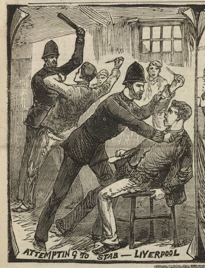 Puukotusyritys – Liverpool, julkaisusta "Illustrated Police News", 27. syyskuuta 1884 (kaiverrus) tekijältä English School