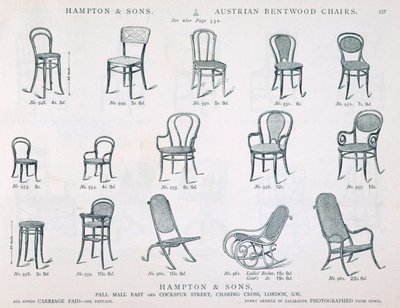 Hampton and Sonsin itävaltalaiset Bentwood-tuolit Huonekaluluettelo, 1902, mustavalkoinen kaiverrus tekijältä English School