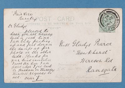 Jim Hoganin postikortin selkä, 1907 (pari 315183) tekijältä English School