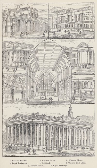 Bank of England, Custom House, Mansion House, Stock Exchange, Guildhall, General Post Office, Trinity House, Royal Exchange (kaiverrus) tekijältä English School