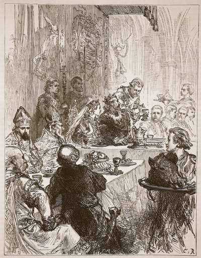 Juhlatilaisuus Henryn ja Eleanor of Provencen häissä, kuvitus Cassells Illustrated History of Englandista (seepiakuva) tekijältä English School