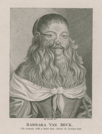 Barbara Van Beck, nainen, jolla on karvainen kasvo, esitetty Lontoossa, 1668 tekijältä English School