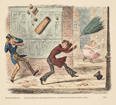 Barney Buntline ja Billy Bowling; tai Merellä olemisen edut, pub. 1835 (käsinvärinen kaiverrus) tekijältä English School