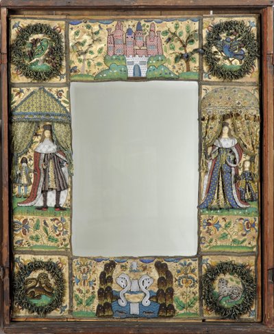 Helmityöpeili, c. 1672-79 (silkki-, metalli- ja nahkalangat, joissa lasihelmiä ja kiiltoja silkkisatiinihiottuna tammiverhoiltuna) tekijältä English School