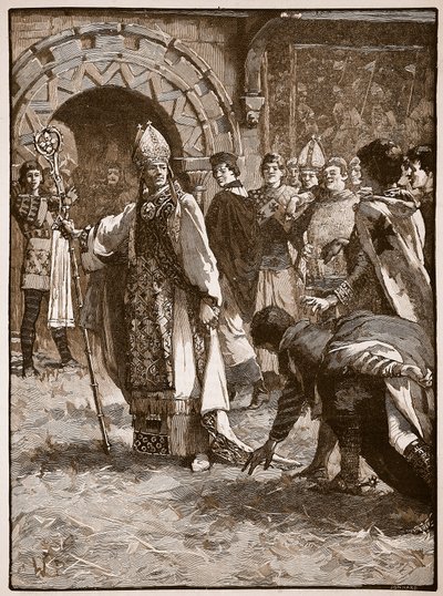 Becket vihollistensa edessä Northamptonin neuvoston salissa, kuvitus Cassells Illustrated History of Englandista (seepiakuva) tekijältä English School