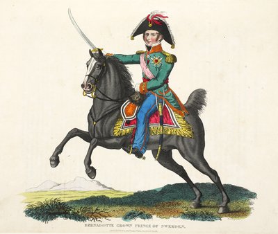 Bernadotte, Ruotsin kruununprinssi, pubi. kirjoittanut Richard Evans, engr Romney, kuvitus William Mudfordin historiallisesta kertomuksesta Waterloon taistelusta, 1816 tekijältä English School
