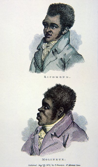 Bill Richmond ja Tom Molineaux, painos julkaistiin vuonna 1812 (värilitho) tekijältä English School