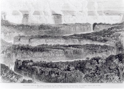 Lintuperspektiivistä näkymä Sambesin suuriin kaihiin (Victoria Falls), kertomus näyttelystä Sambesiin ja sen sivujoille, julkaistu 1865 tekijältä English School