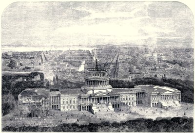 Lintuperspektiivinäkymä Washingtonin kaupunkiin 1861, rakenteilla oleva Capitol etualalla [Digitaalisesti puhdistettu versio] tekijältä English School