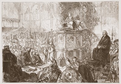 Lodin piispa saarnaamassa Hussin oikeudenkäynnissä, kuvitus James Aitken Wylien (1808-1890) teoksesta The History of Protestantism, pub. 1878 tekijältä English School