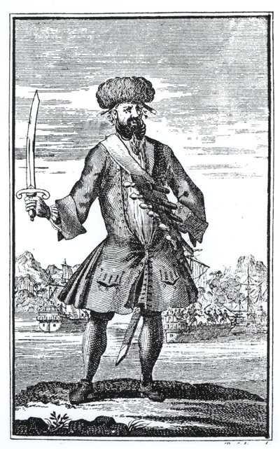 Mustaparta merirosvo, kapteeni Charles Johnsonin teoksesta A General History of ryöstöt ja murhat pahamaineisimpien piraattien, julkaistiin 1724 tekijältä English School