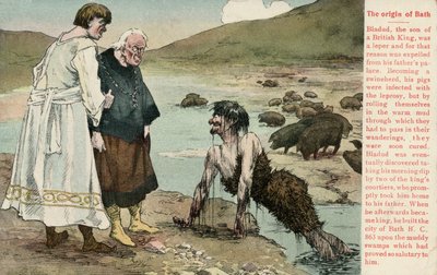 Bladud, legendaarinen brittien kuningas, jonka sanottiin perustaneen Bathin kaupungin (väri litho) tekijältä English School