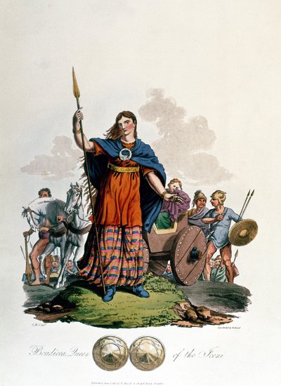 Boadicea, Icenien kuningatar, suunnittelija C.H.S., kaivertanut Richard Havell vanhempi, julkaistu 1815 (akvatinta) tekijältä English School