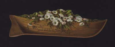 Vene täynnä päivänkakkaroita, uudenvuoden onnittelukortti, 1800-luvun loppu tai 1900-luvun alku (kromoliittinen) tekijältä English School