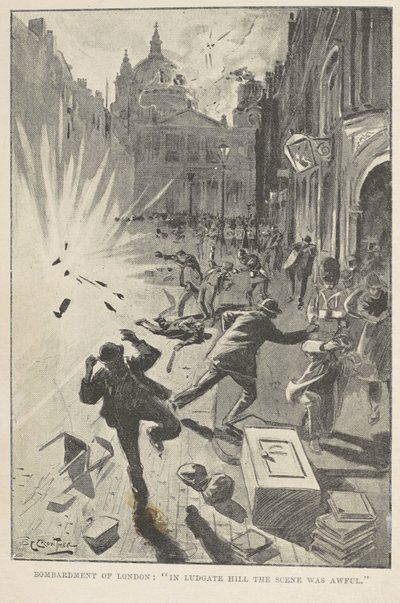 Lontoon pommitukset: "Ludgate Hillin kohtaus oli kauhea", etuosan kuvitus William Le Queux