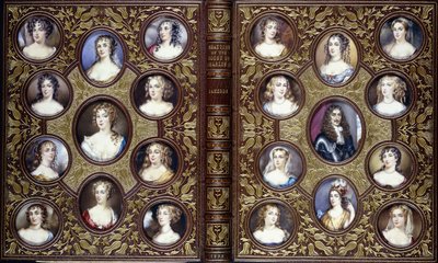 Kirjan kannessa on kaksikymmentäkaksi muotokuvaminiatyyriä Kaarle II:sta ja hänen hovinsa kauniista naisista, 1833 tekijältä English School