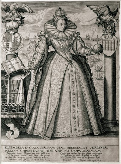 Kirjan etulevy, jossa juhlitaan kuningatar Elisabetin onnellista ja vauras valtakuntaa, 1596 tekijältä English School