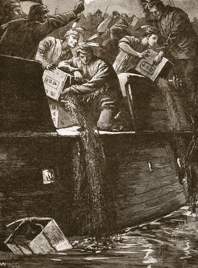 Intiaaneiksi naamioituneet bostonilaiset "pojat" heittävät teelaatikot satamaan, kuvitus teoksesta 