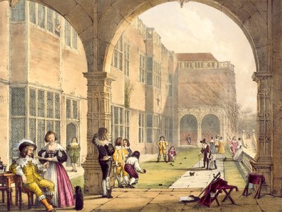 Bowls on the Terrace at Bramshill vuonna 1600, Joseph Nashin teoksesta Keskiajan arkkitehtuuri, julkaistu vuonna 1838 tekijältä English School