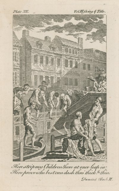 Pojat uimassa Fleet Ditchissa Bridewell Bridgen varrella vuonna 1728 tekijältä English School