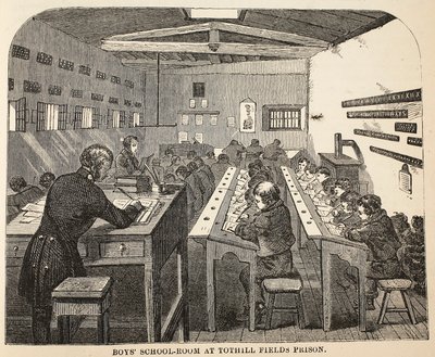 Poikien kouluhuone Tothill Fields Prisonissa, kuvitus Lontoon rikosvankiloista ja Henry Mayhew