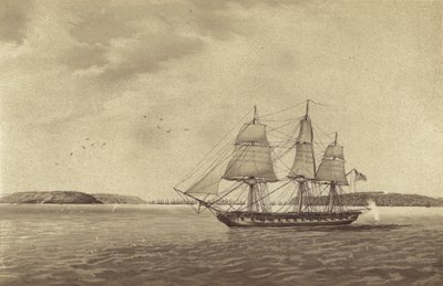 Brittiläinen fregatti HMS Fisgard, kapteeni Thmas Byam Martinin komennossa, tiedustelussa Brestin edustalla Ranskassa (litra). tekijältä English School