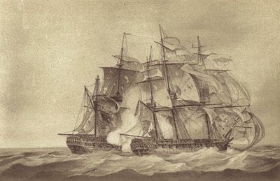 Brittiläinen fregatti HMS Santa Margarita, kapteeni Thomas Byam Martinin komentaja, vangitsemassa ranskalaisen fregatin Tamisen kesäkuussa 1796 (litho) tekijältä English School