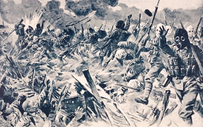 Brittijoukot kaasunaamareissa hyökkäävät Saksan juoksuhaudoihin Loosissa, Ranskassa, 25. syyskuuta 1915 Lontoossa 1916 julkaistusta The War Illustrated Album deLuxe -albumista. tekijältä English School