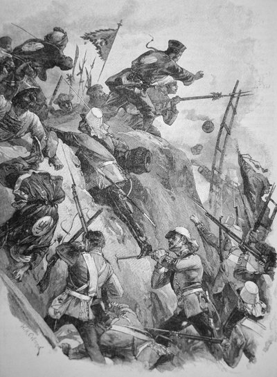 Brittijoukot hyökkäsivät Takun linnoituksiin Kiinassa vuonna 1860 oopiumisodan aikana (litho) tekijältä English School