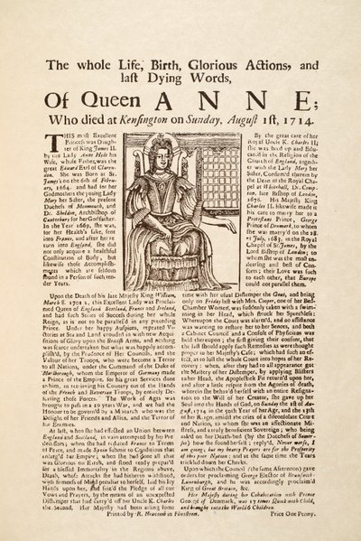Broadside julkaistiin kuningatar Annen kuolemasta sunnuntaina 1. elokuuta 1714 (painettu ja puupiirros) tekijältä English School