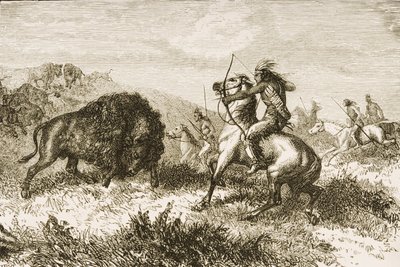 Buffalo Hunting Great Plainsilla St. Louisin ja Denverin välillä, n. 1870, The Religious Tract Societyn julkaisemasta American Picturesista, 1876 tekijältä English School