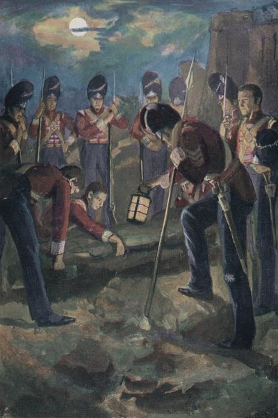 Kenraali Sir John Mooren hautaaminen Corunnan taistelun jälkeen, Apain, niemimaan sota, 1809 tekijältä English School