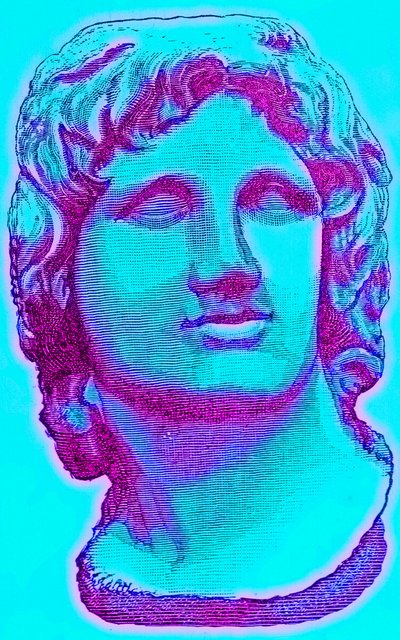 Aleksanteri Suuren rintakuva British Museumista, patsas Vatikaanissa, Victor Duruyn kuvitus Rooman historiasta, julkaistu 1884 (digitaalisesti paranneltu kuva) tekijältä English School