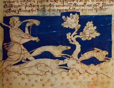 CCA-LitMs/D/10 fol. 2r Metsästyskohtaus Bestiarysta tekijältä English School