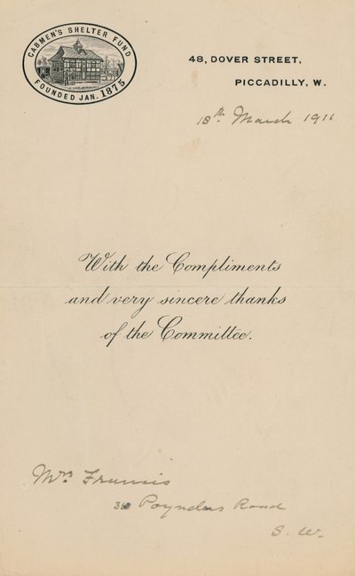 Cabmens Shelter Fun, perustettu tammikuussa 1875. Kirje tekijältä English School