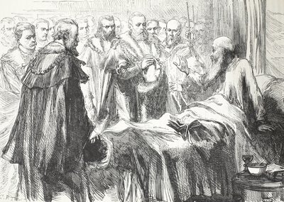 Calvin puhuu neuvostolle viimeistä kertaa, esimerkki James Aitken Wylien (1808-1890) teoksesta The History of Protestantism, pub. 1878 tekijältä English School