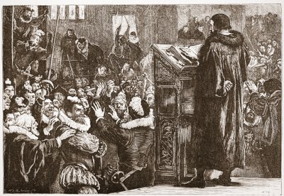 Calvin uhkasi Riven kirkossa, esimerkki James Aitken Wylien (1808-1890) teoksesta The History of Protestantism, pub. 1878 tekijältä English School