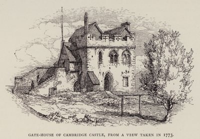 Cambridge: Cambridgen linnan porttitalo, vuonna 1773 otettu kuva (etsaus) tekijältä English School