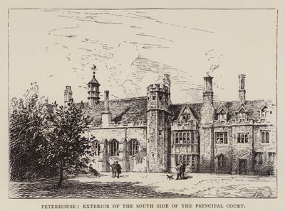 Cambridge: Peterhouse, Päätuomioistuimen eteläpuolen ulkopuoli (etsaus) tekijältä English School