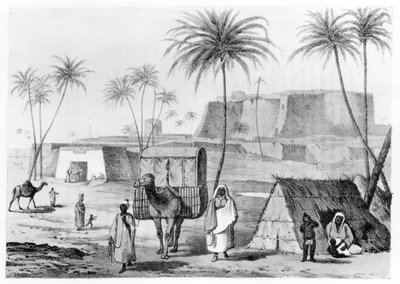 Kamelipentue Morzoukissa Fezzanissa, Libyassa, G.F.:n Narrative of Travels in Northern Africasta. Lyon, julkaistu 1821 tekijältä English School
