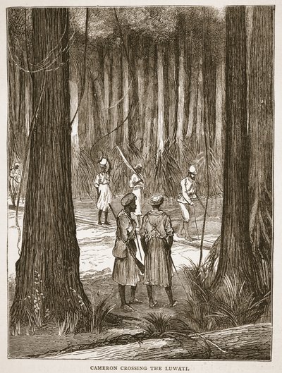 Cameron ylittämässä Luwatia, kuvitus J. Ewing Richien David Livingstonen elämän ja löytöjen kuvapainoksesta, pub. kirjoittanut A. Fullarton & Co., 1876 tekijältä English School
