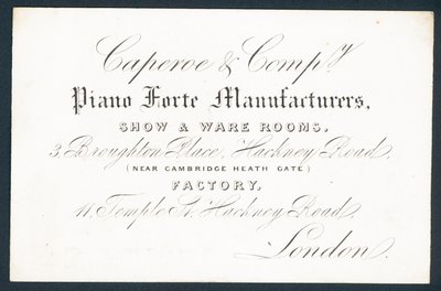Caperoe & Company, piano forten valmistajat, kauppakortti tekijältä English School