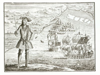 Kapteeni Bartholomew Roberts (1682-1722) kahden aluksen, Royal Fortunen ja Rangerin kanssa purjehtii Whydah Roadilla Guineyn rannikolla tammikuun 11. päivänä 172?, A General History of the Robberies ja Mu. tekijältä English School