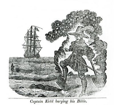Kapteeni Kidd hautaa raamattuaan, kuvitus Charles Elmsin kirjasta "Pirates own Book". tekijältä English School
